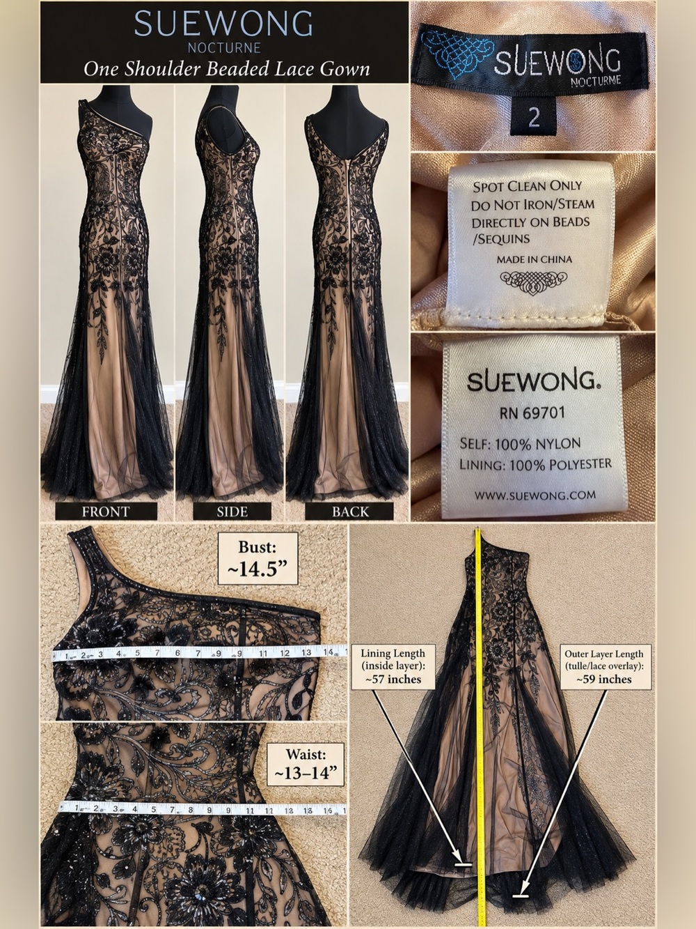 Sue Wong Nocturne One Shoulder Beaded Sequin Formal Gown Size 2 - Picture 4 of 12